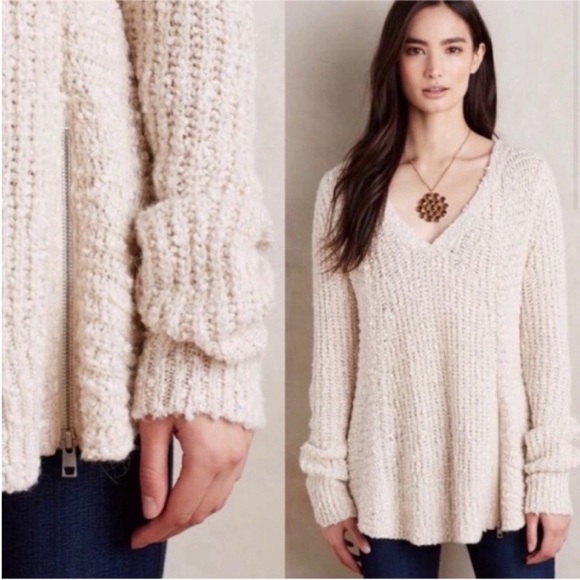 Anthropologie Sweaters - Anthropologie Moth Zipped Stitch sweater oatmeal beige knit wool alpaca swing